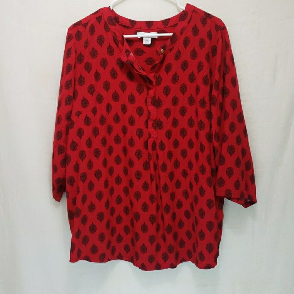 Liz Claiborne Red Paisley Block Print Blouse 2X Rayon Henley Tunic Top Plus